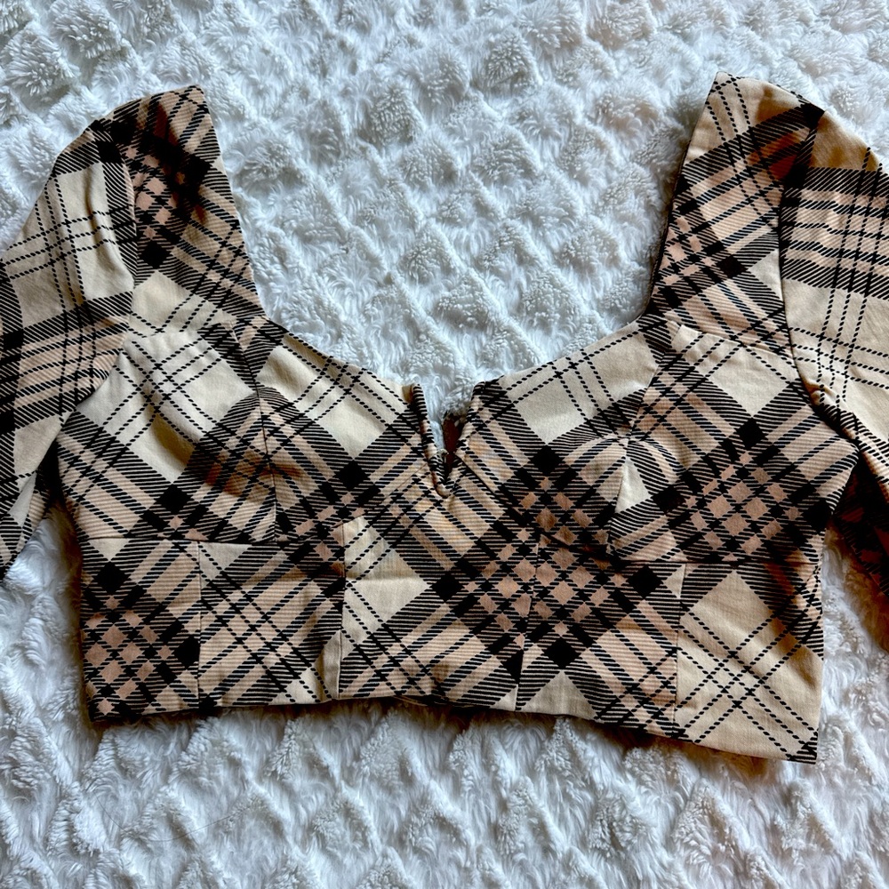 Topshop Beige and Black Checkered Blouse